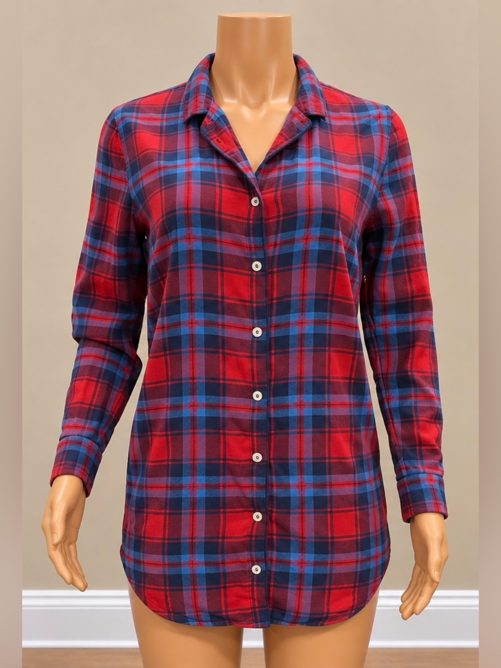 Aerie Red Blue Plaid Oversized Flannel Button Down Boyfriend Shirt XS NWOT